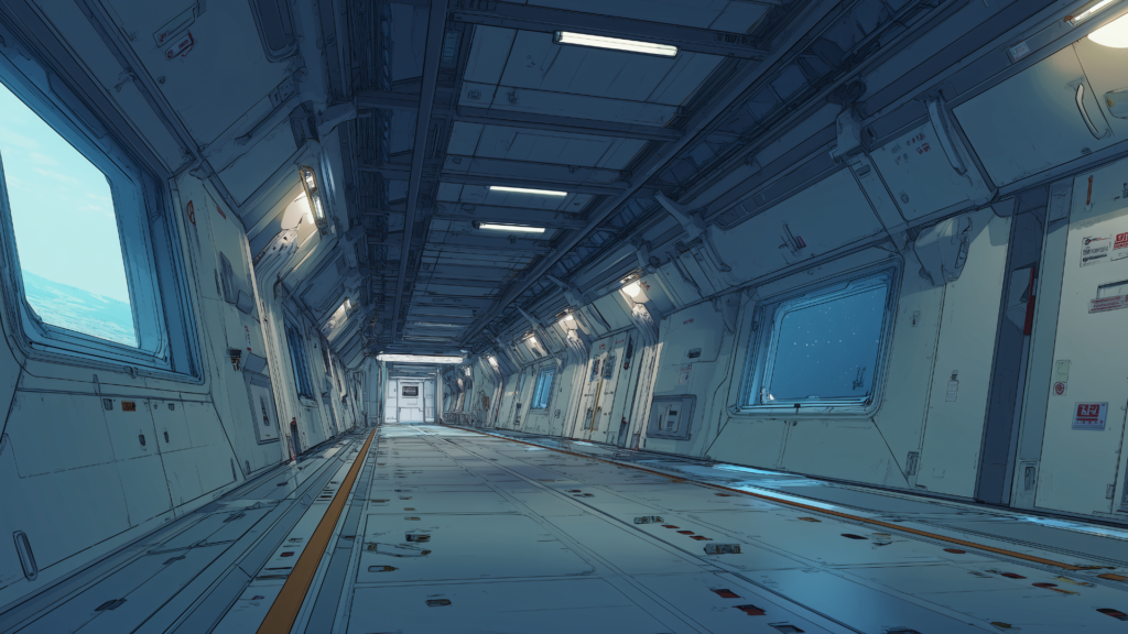 人気のない宇宙船の通路がまっすぐに続き、未来的な構造が無機質な印象を与えています。均一に配置されたライトが静けさを強調しています。TRPGのSFシナリオや孤独感の演出に使いやすいフリー背景素材です。