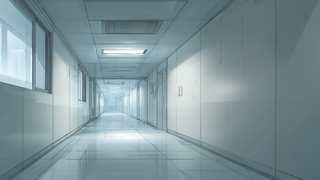 薄暗く照らされた長い廊下の両側に、閉ざされた扉が並んでいる。清潔だが無機質な空間に、不穏な空気が漂っている。ホラー系TRPGの舞台や、研究施設の探索イベントのフリー背景として利用可能。
