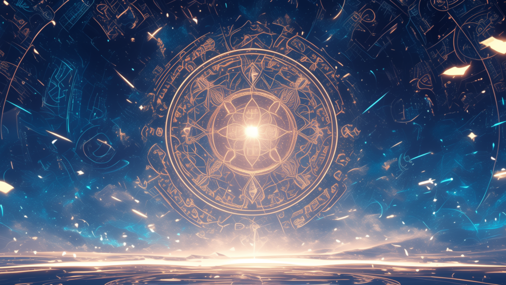 星々が瞬く空間に描かれた壮大な魔法陣が、中心から光を放ちながら輝く。儀式の最中や世界の扉が開く瞬間を表現できるファンタジーシーン向け背景画像。