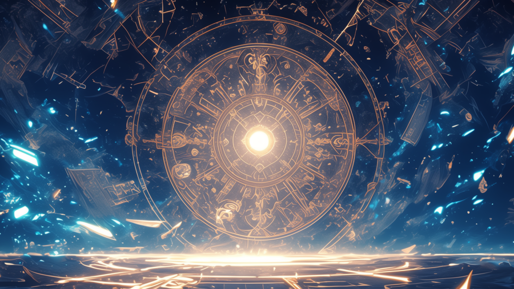 無数の魔法文字と紋様が組み込まれた円形の巨大魔法陣が空に浮かぶ。破片のような光が漂い、異世界召喚や古代魔術の発動場面に最適なTRPG背景素材。