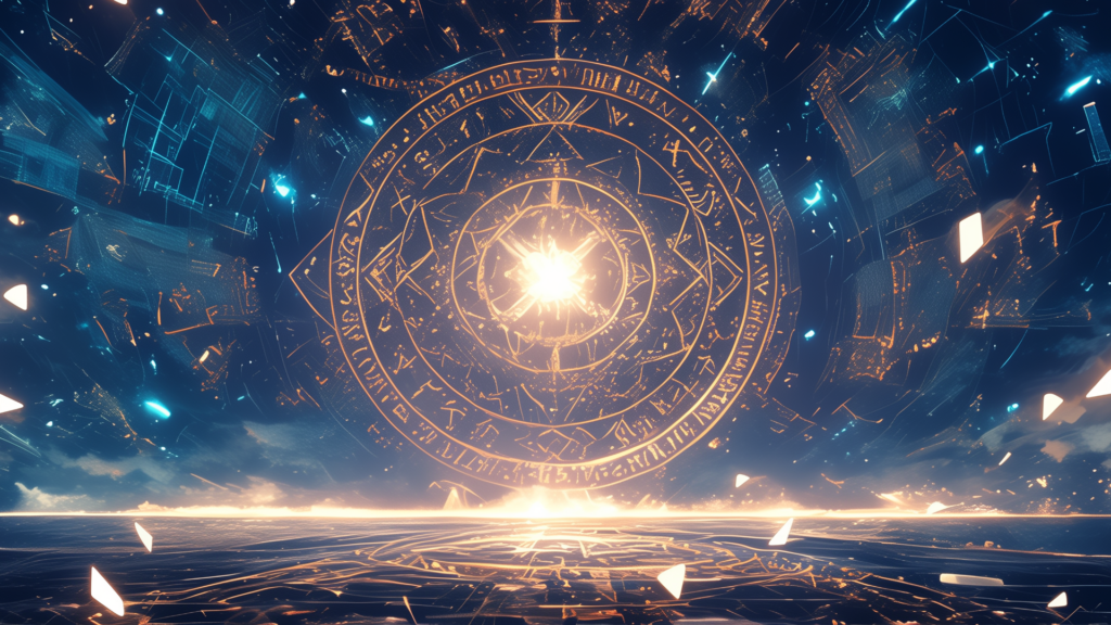 空いっぱいに広がる黄金の魔法陣が、中心から強烈な光を放つ。魔法世界の決戦や封印の解放を描くシーンに映える背景画像。
