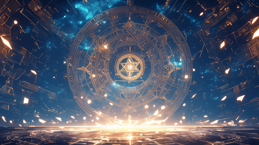 幾何学模様と古代文字が刻まれた巨大魔法陣が、青い宇宙空間のような背景に浮かぶ。異界との交信や禁断の魔術を演出するTRPG向け背景素材。