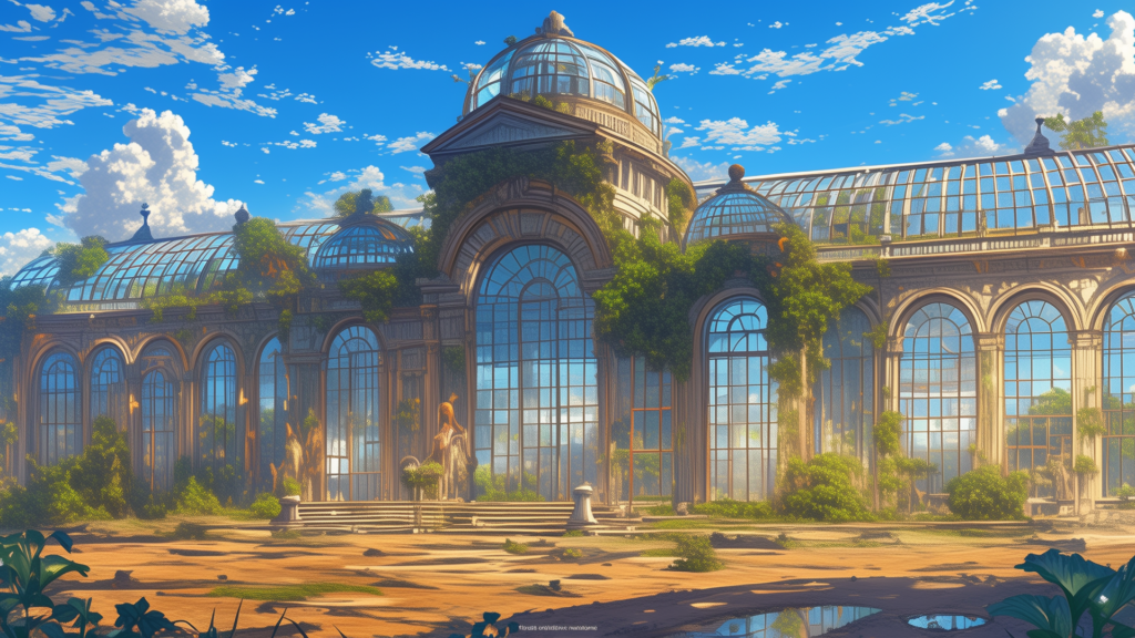広大な敷地に建つガラス張りの美術館が、植物と時間に飲み込まれつつある。地面のひび割れや水たまりが物語の舞台感を高める。廃墟探索や歴史ミステリーのシーンに適したフリー背景素材。