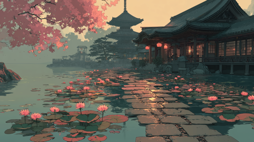 水面に浮かぶ蓮の花が朱色に染まる夕暮れの池と、岸辺に立つ古い寺院が静かに映える情景です。石畳の参道が水面に伸び、参拝者の足取りを導く構図になっています。和風の神秘性を強調したTRPGや歴史風ファンタジーに使いやすいフリー背景素材です。