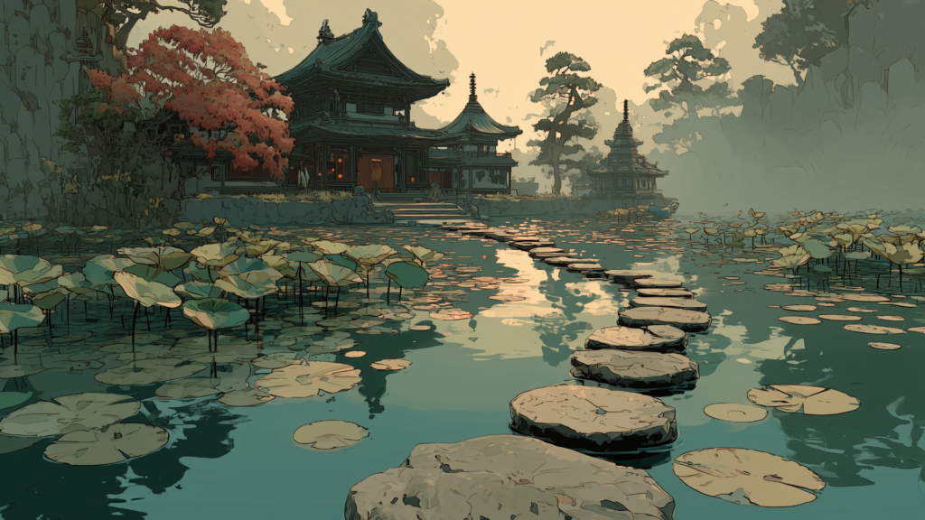 池一面に広がる蓮の葉と石橋が、古びた寺院へと続く静謐な風景を描いています。背後には深い森と朱色の木々が重なり、時代を超えた荘厳さを漂わせます。神秘的な雰囲気を演出するTRPGや古代伝承を題材にしたシナリオに適した背景画像です。