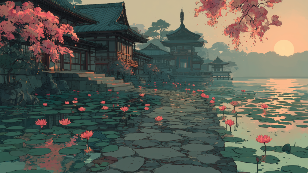 沈む夕陽に照らされた寺院と水面に揺れる蓮が、穏やかで幻想的な時間を切り取っています。石畳の道が水辺を渡り、奥の伽藍へと自然に視線を導きます。和風伝奇や情緒的なTRPGシナリオに映える背景素材です。