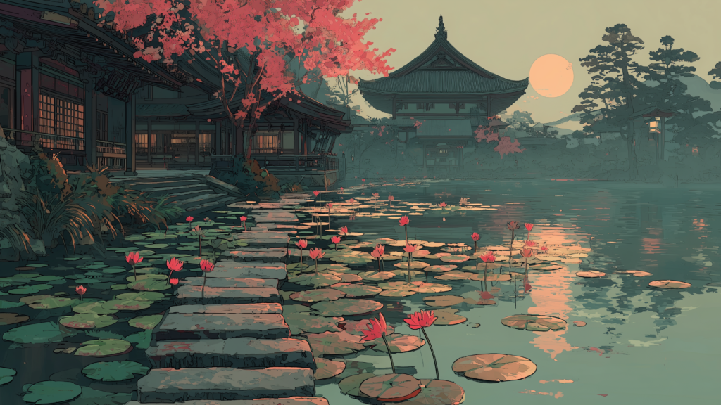 水面に反射する夕焼けと古寺の影が、静寂と神秘を兼ね備えた風景を描き出しています。赤い木々と蓮の花が彩りを添え、物語の舞台として印象的です。和風ファンタジーや幻想的なTRPGセッションに役立つ背景画像です。