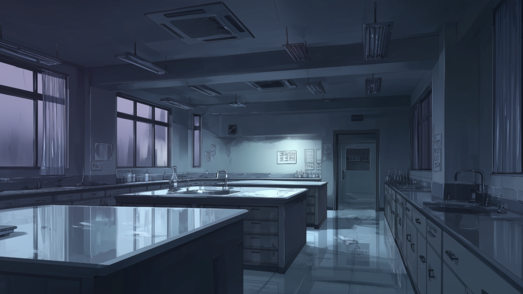 夜の静けさに包まれた研究室の一角。蛍光灯の光が反射する実験台には、わずかに残された器具と水滴が見える。異変を予感させる科学施設の描写や、無人となった学術機関の探索シーンに適した背景素材。