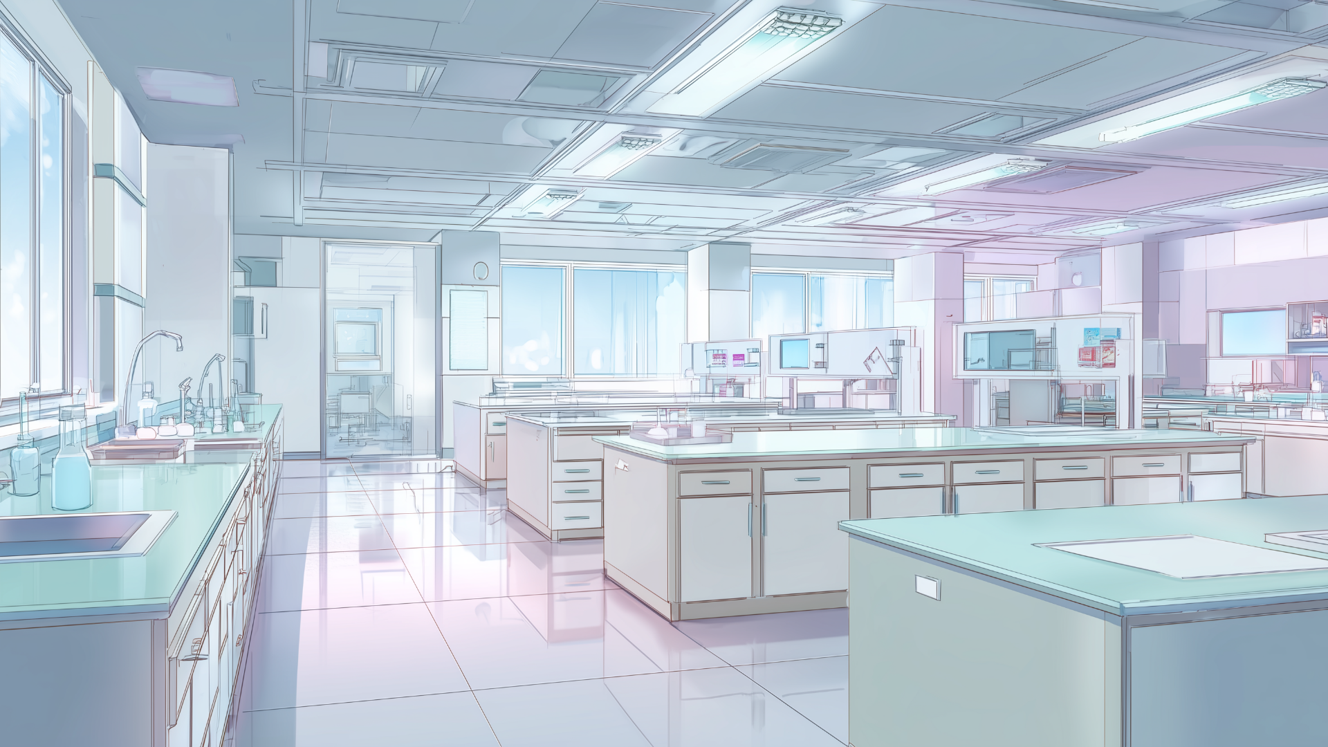 ミントグリーンの作業台と光沢のある床が美しい、整然とした理系研究施設の室内。水道や器具が完備され、光の反射が清潔感を強調している。近未来の科学都市や学術機関を舞台にしたTRPGに適した背景画像。