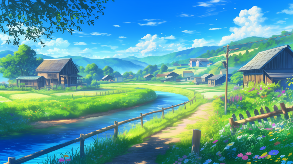 なだらかな山に囲まれた村と、美しく曲がる川が織りなす穏やかな光景。手前には花咲く草原が広がり、風に揺れる枝葉が静寂さを演出している。のどかな農村や田舎町を舞台にしたTRPGに最適な背景画像。