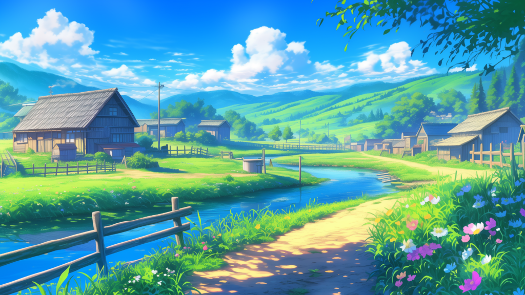 素朴な木造家屋と、畑や花畑に囲まれた川沿いの風景が広がる。空には白い雲が浮かび、緑に包まれた山々が背景を彩っている。心温まる日常の風景や静かな集落を描く場面に適したTRPG向けの背景素材。