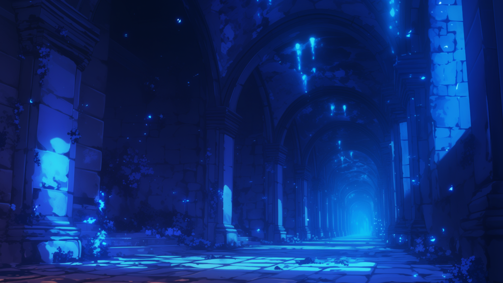 石造りのアーチが幾重にも連なる通路に、青い光が斑に差し込む幻想的な風景。壁面にはツタや苔が生え、静かな生命の気配がある。古代遺跡や魔術師の拠点を舞台にした物語に使える背景素材。