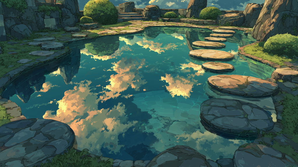 池の表面に雲が鮮やかに投影され、石の飛び石が幻想的な道を描いています。自然の美しさと人工の調和が際立ち、どこか神聖な場所を連想させます。TRPGの舞台や幻想世界の描写に最適なフリー背景素材です。