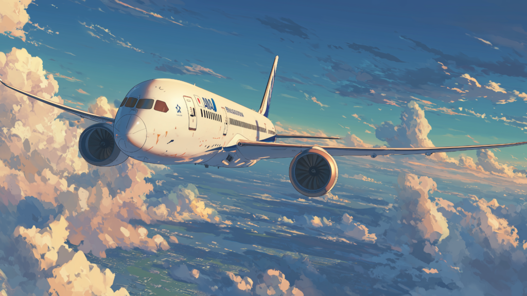 旅客機が黄金色の光に包まれた雲海の上を力強く飛行しています。機体には柔らかな光と影が差し込み、雲の層が空の奥行きを際立たせています。未来への旅立ちや自由な航路を表現するTRPGシーンに適した背景画像です。