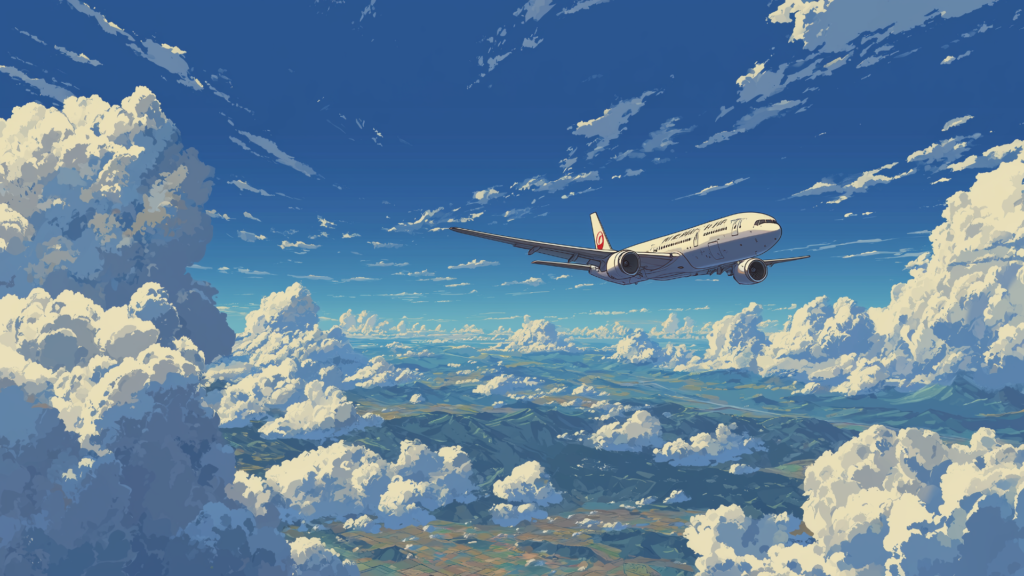 高く澄んだ空を背景に、真っ白な飛行機が雲の切れ間を縫うように飛んでいます。遠くには山々の稜線が広がり、広大な世界観を感じさせます。大空を舞台にした冒険やドラマを演出できるTRPG向けのフリー背景素材です。
