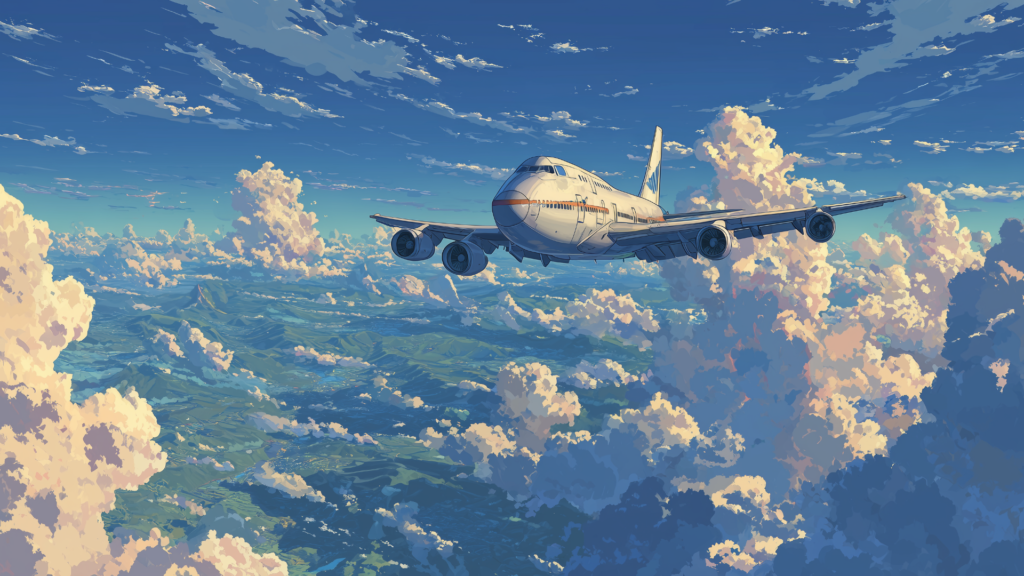 堂々とした飛行機が、夏のように澄み渡る空を背景に飛行しています。白い雲が立体的に浮かび、空の青とコントラストを成して幻想的な景観を描き出しています。壮大な空の情景や旅立ちのシーンにふさわしいTRPG背景画像です。