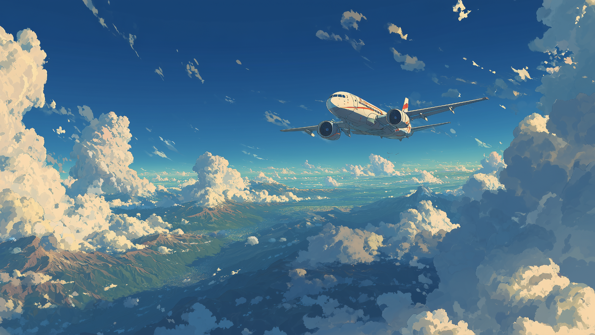 柔らかな光を浴びた飛行機が、果てしない雲海の上を悠然と進んでいます。眼下に広がる山々と空の奥行きが調和し、壮大なスケール感を演出しています。旅や冒険の高揚感を演出できるフリー背景素材として活用できます。