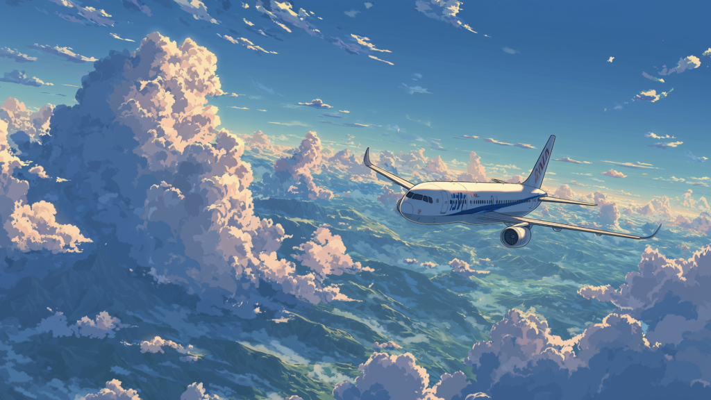浮かぶ雲を突き抜けるように旅客機が大空を駆けています。淡い夕暮れの光が雲と機体を照らし、幻想的な雰囲気を醸し出しています。自由な空の物語や旅立ちの瞬間を描くTRPGシーンに適した背景素材です。