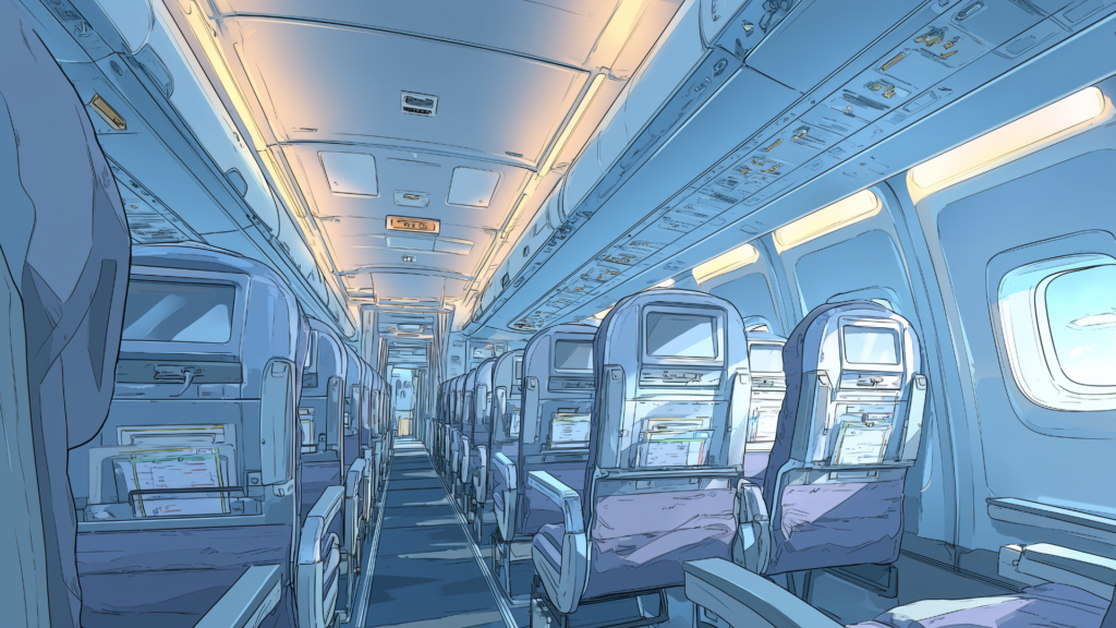 整然と並ぶシートが続く飛行機の客室で、窓から柔らかな光が差し込み機内全体が明るく照らされています。背面モニターや収納ポケットが細かく描かれ、実際に搭乗しているかのような雰囲気を演出します。長距離移動の描写や非日常の冒険の始まりなど、TRPGのさまざまなシナリオに活かせるフリー背景素材です。