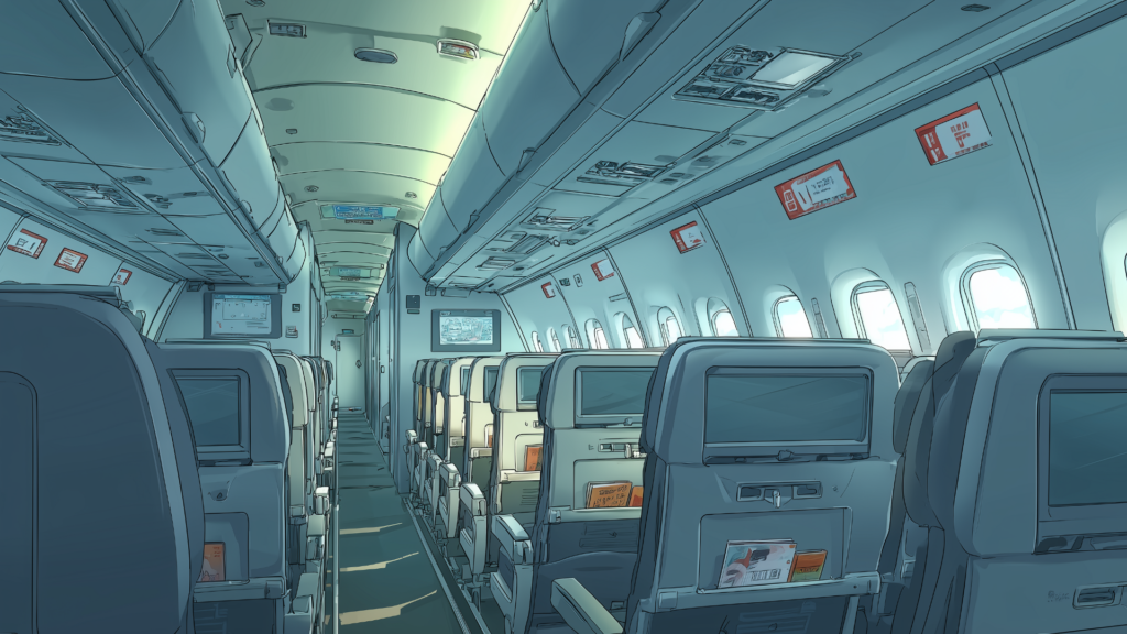 奥へと伸びる通路の両脇に整然と座席が並ぶ飛行機の機内で、窓の外には明るい空が広がっています。座席背面のモニターや安全表示が細部まで描かれ、リアルなフライトを感じさせます。旅行中の情景や移動中の会話シーンなど、TRPGのストーリーに臨場感を与える背景画像です。