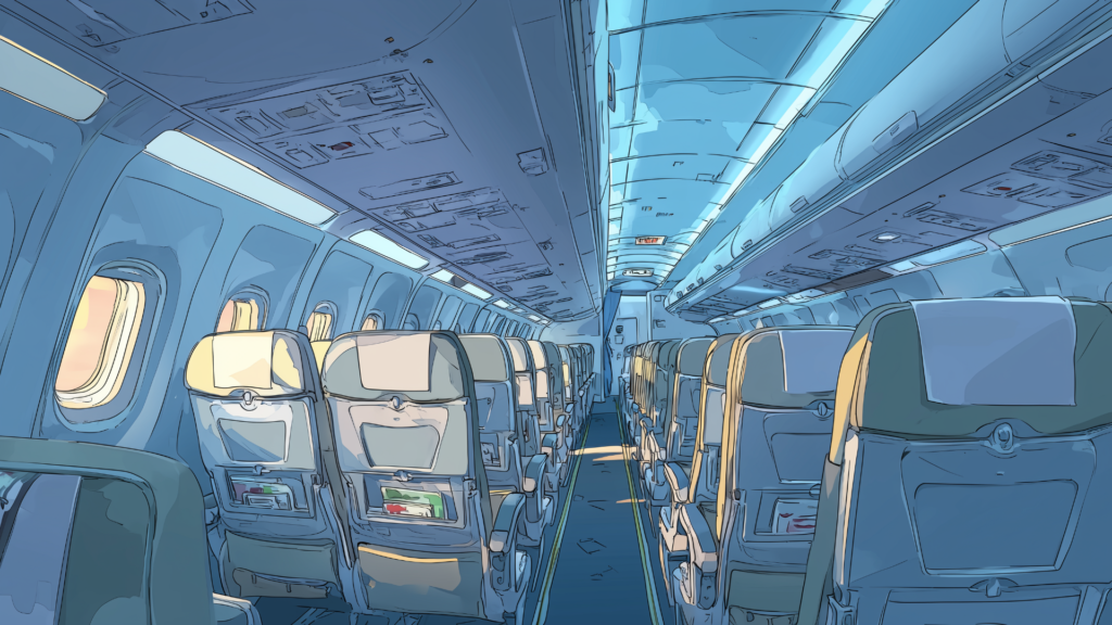 青みがかった照明に包まれる飛行機の機内で、通路の両側に並ぶシートが奥深くまで続いています。窓の外から差し込む光が客室に柔らかな陰影を作り、落ち着いた雰囲気を漂わせています。旅立ちのシーンや不穏な出来事の前触れを描くなど、TRPGで幅広く活用できるフリー背景素材です。