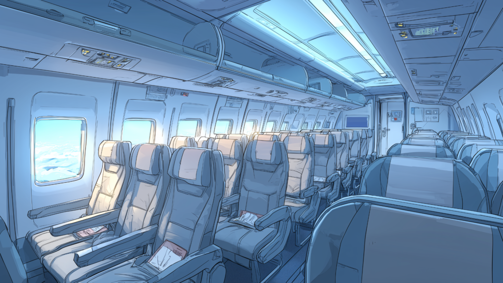座席が整然と並ぶ飛行機の客室で、窓の外には青空と雲が広がっています。シートや収納スペースなどの細部が丁寧に描かれ、リアルな搭乗体験を想起させます。平和な旅の始まりから突発的なトラブル発生まで、TRPGのシナリオに自然に取り入れられる背景画像です。