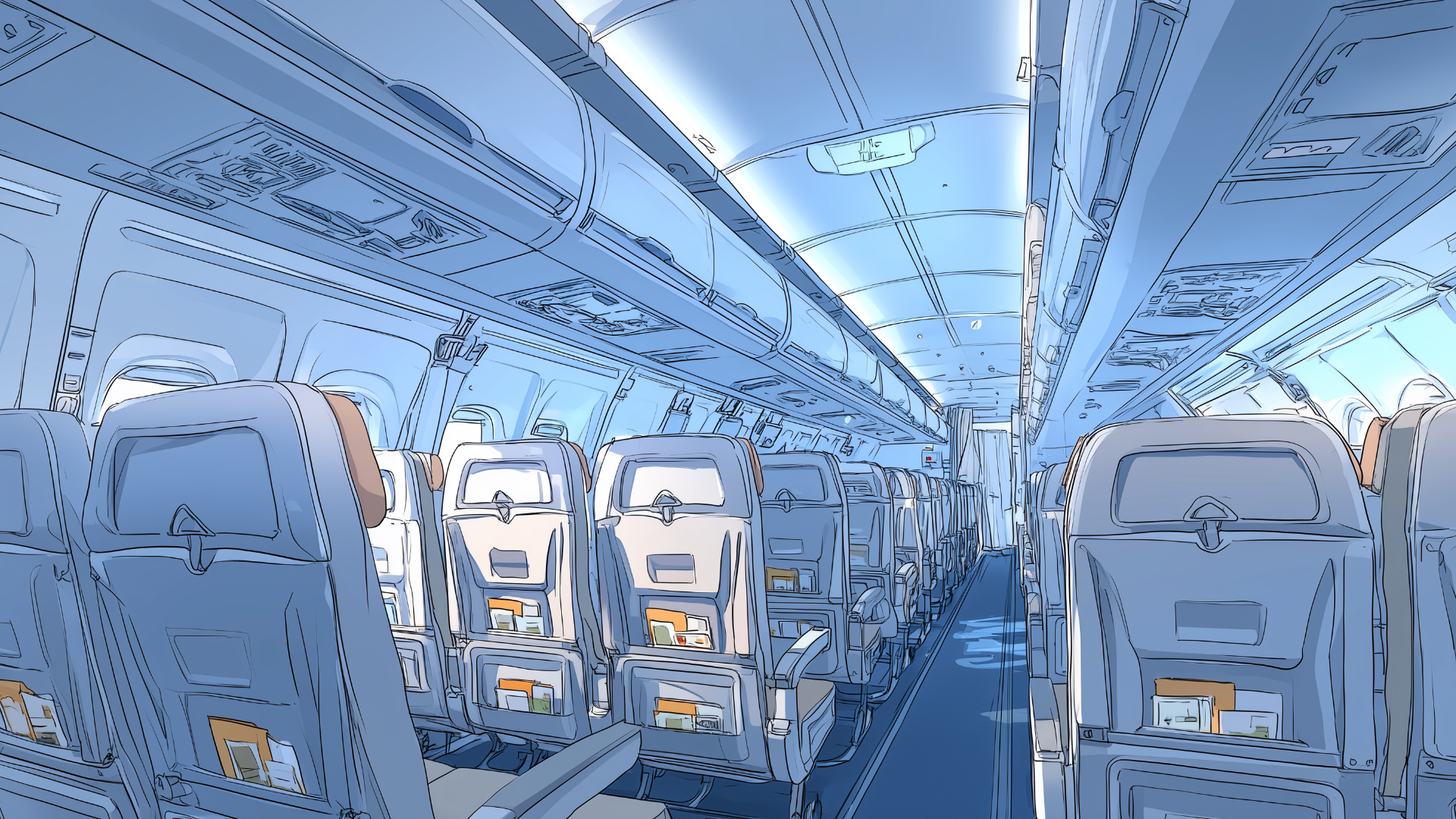広々とした通路と規則正しく並ぶ座席が描かれた飛行機の客室で、落ち着いた照明が空間を穏やかに包んでいます。背面ポケットや細かな機内設備が描かれ、日常のリアルさを演出します。長距離移動中の会話や予想外の出来事を描くなど、TRPGの演出に最適なフリー背景素材です。