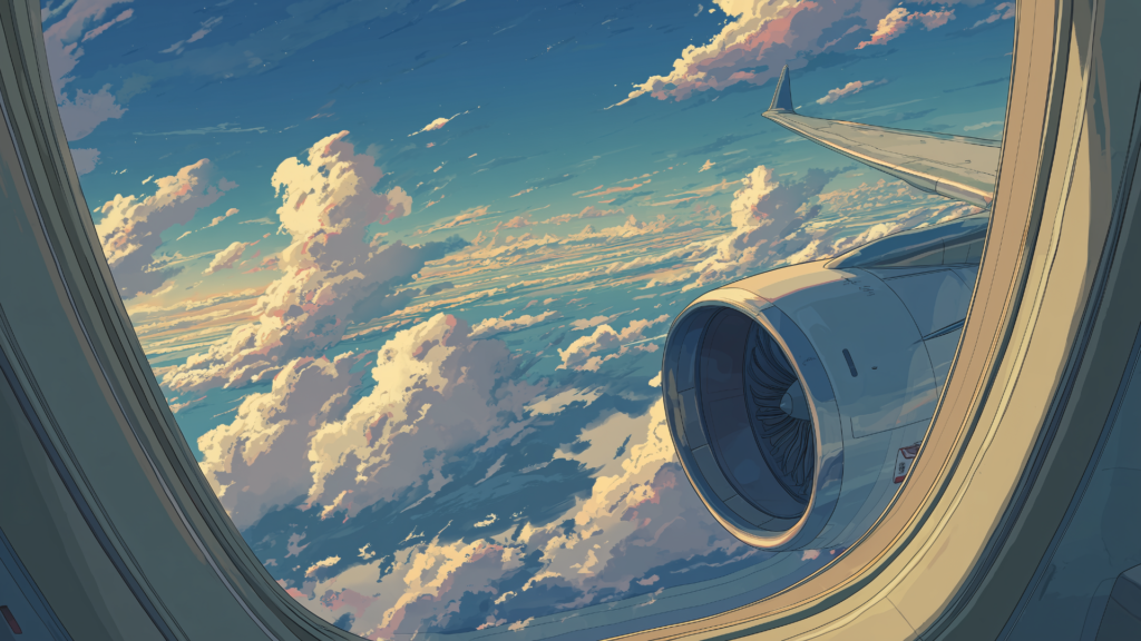 飛行機の窓越しに見えるエンジンと翼が、黄金色に輝く雲海を背景に広がっています。高高度から眺める大空の壮大な光景が、旅立ちや長距離移動の場面を印象づけます。TRPGの空路シーンや異世界への移動を描く背景素材です。