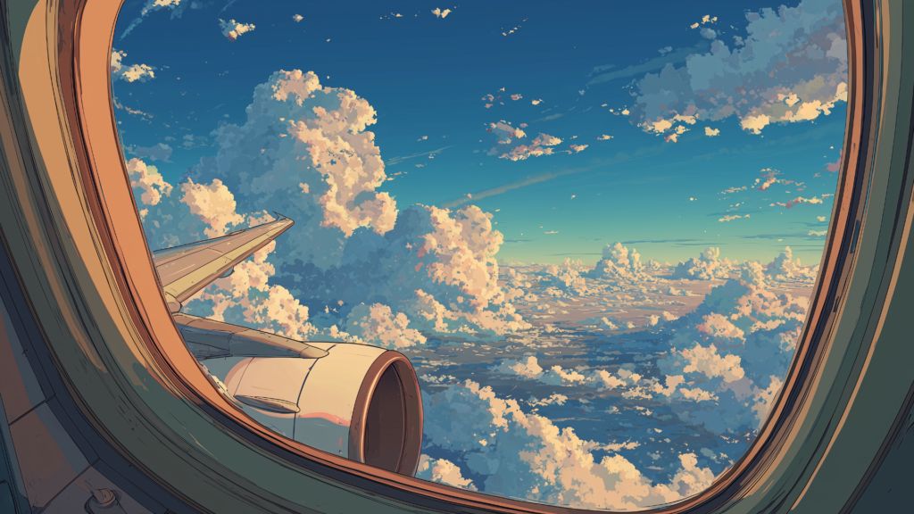 窓の外には積雲が立ち並び、飛行機の翼が青空に向かって伸びています。雲の合間から光が差し込み、開放感のある雰囲気を漂わせます。TRPGの移動演出や探索の導入に適した背景画像です。