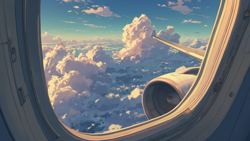 飛行機の窓から見えるエンジンと翼の向こうに、陽光を浴びた雲の層がどこまでも広がっています。幻想的な雲海が旅の緊張感と高揚感を演出します。TRPGの空を舞台にした物語や移動のシーンに活用できる背景素材です。