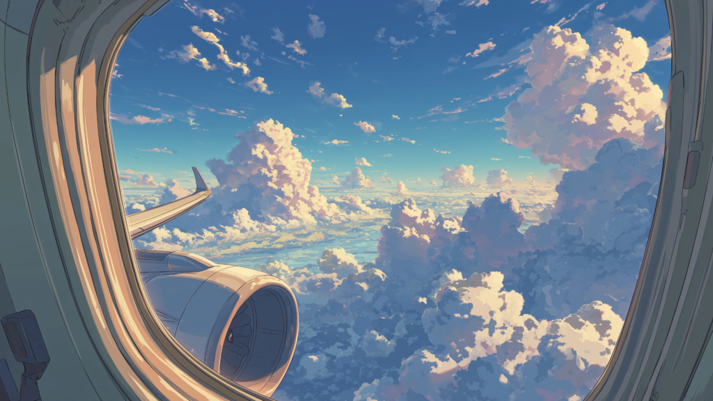 澄み渡る青空に積乱雲が立ち並び、飛行機の翼がその中を進んでいきます。窓から見える広大な雲海は、壮大な旅の始まりを感じさせます。TRPGの移動イベントや情景描写に最適な背景画像です。