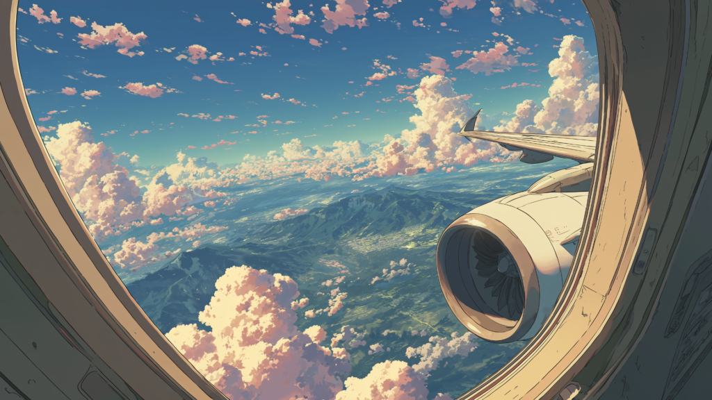 眼下には山々が広がり、雲の間を飛行機の翼とエンジンが映えています。大地と空を同時に望む視界が、現実感と幻想性を同時に伝えます。TRPGの旅の途中や都市への到着シーンに使える背景素材です。