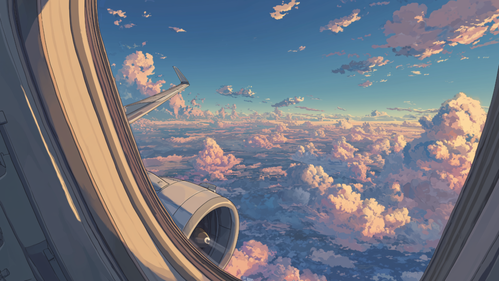 夕暮れの空に染まる雲海を、飛行機の窓越しに眺める景色が広がっています。ピンク色に染まる雲が旅の情緒を深め、空気に静けさを与えています。TRPGの回想シーンや別れの場面を描くのに適した背景素材です。